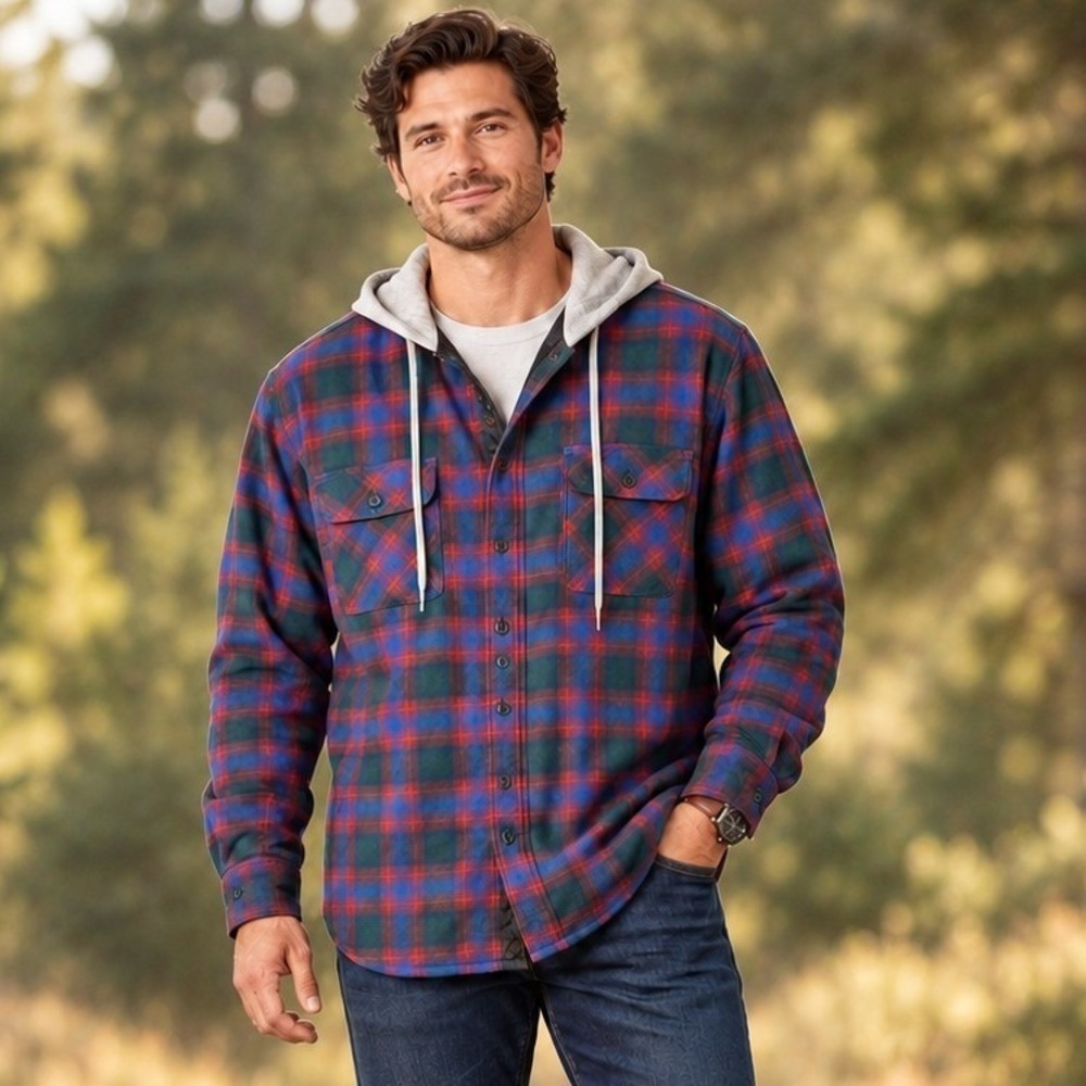 Wrangler Authentics Mens XL Quilted Lined Flannel Hooded Shirt Jacket Plaid NWT